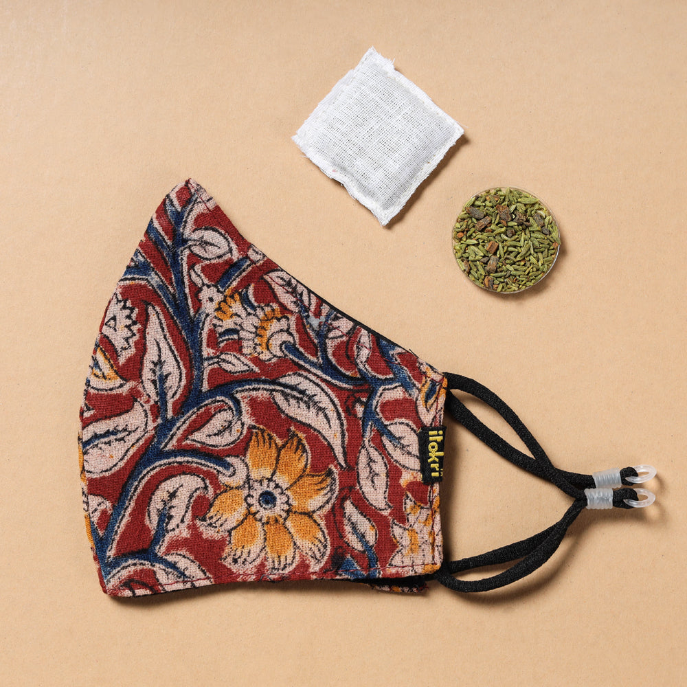 kalamkari Block Printed Cotton 3 Layer Snug Fit Face Cover with Herb Pocket