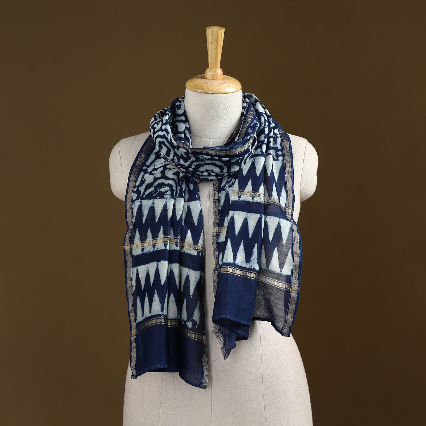 Blue - Pipad Hand Block Print Natural Dyed Chanderi Silk Handloom Stole 22