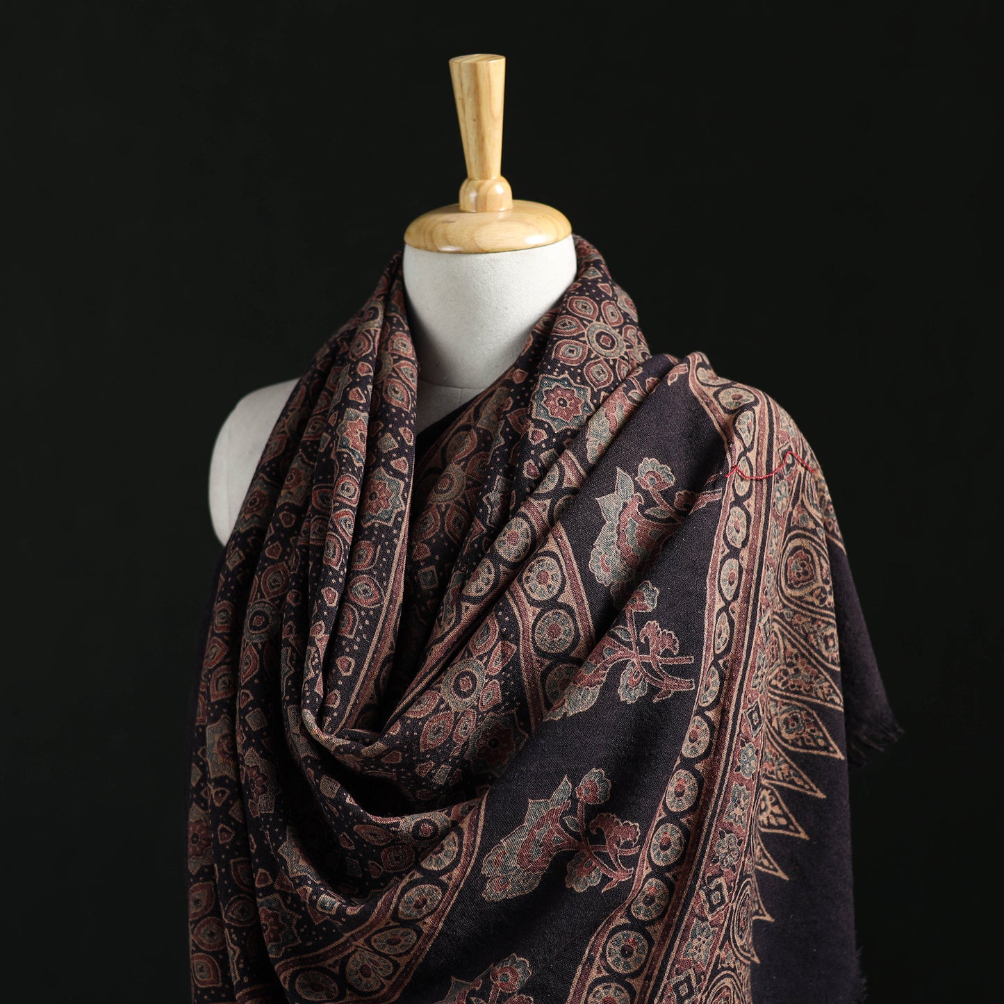 Ajrakh Hand Block Print Natural Dyed Handwoven Acrylic Wool Shawl 05