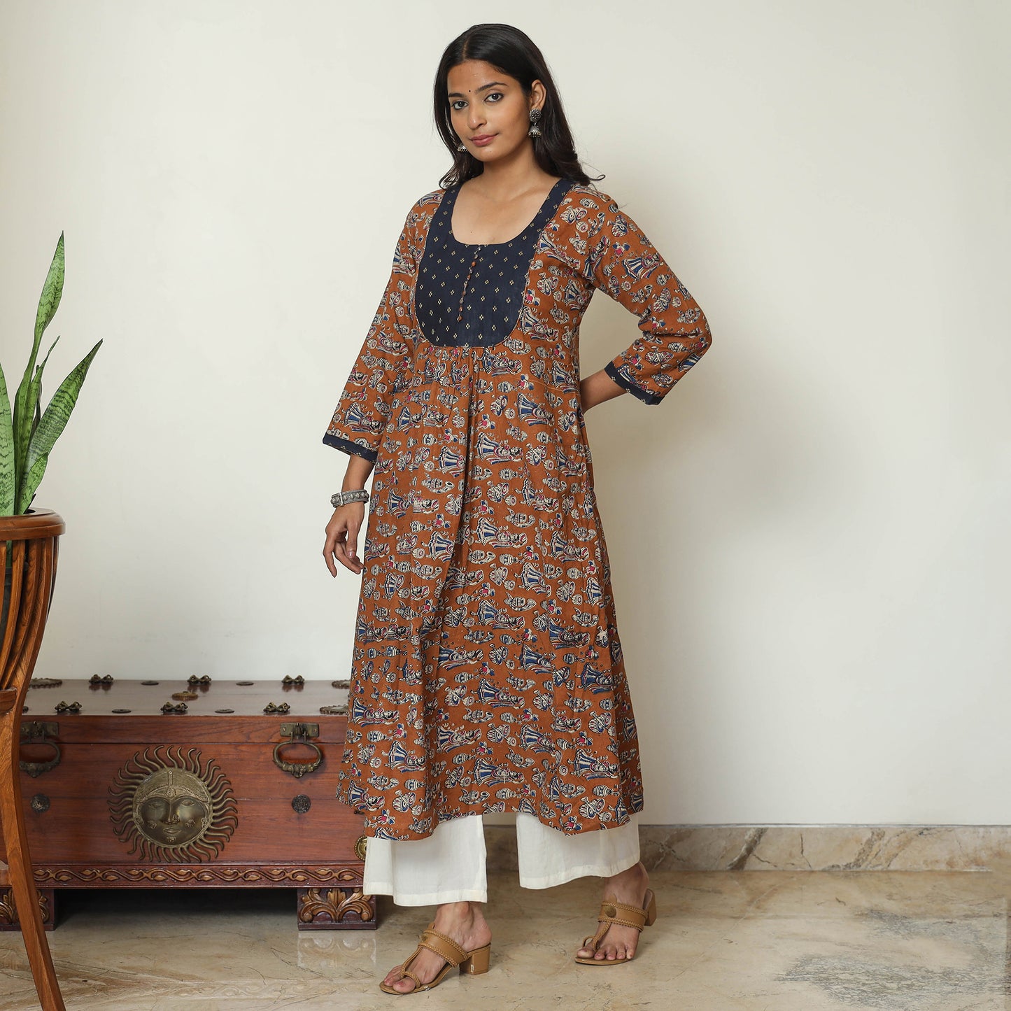 Brown - Kalamkari Printed Cotton A-Line Long Kurta with Patchwork 67