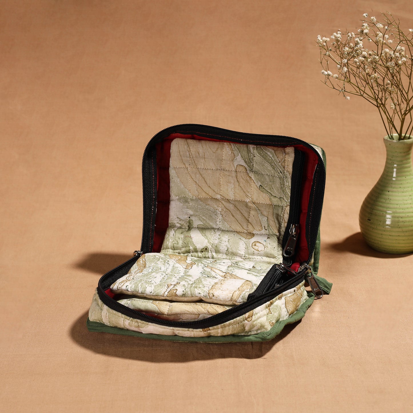 Green Handmade 4 Pockets Cotton Jewellery Bag