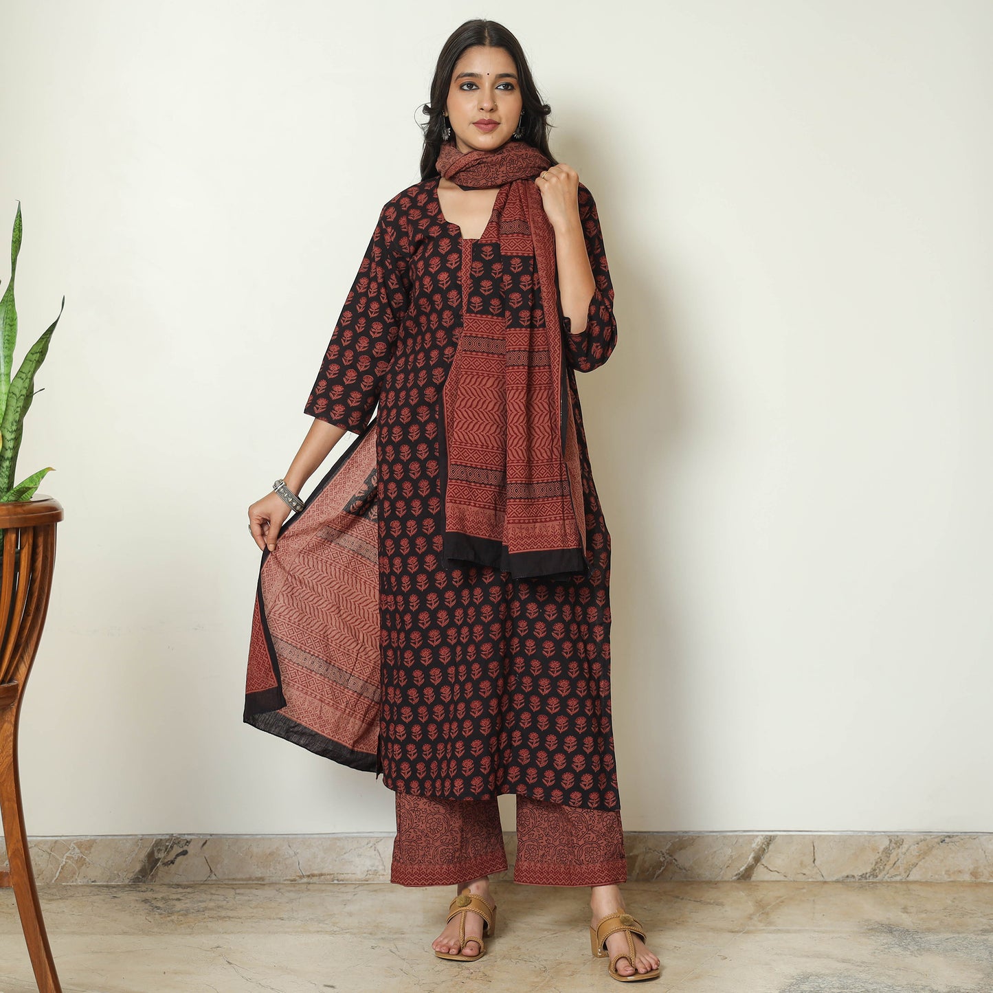 Multicolor - Bagh Block Printed Cotton Kurta with Palazzo & Dupatta Set 09