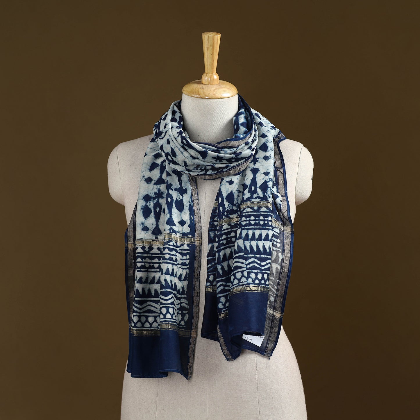 Blue - Pipad Hand Block Print Natural Dyed Chanderi Silk Handloom Stole 23