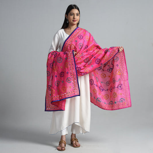 Pink - Ranihati Chanderi Silk Chapa Work Phulkari Embroidered Dupatta 12