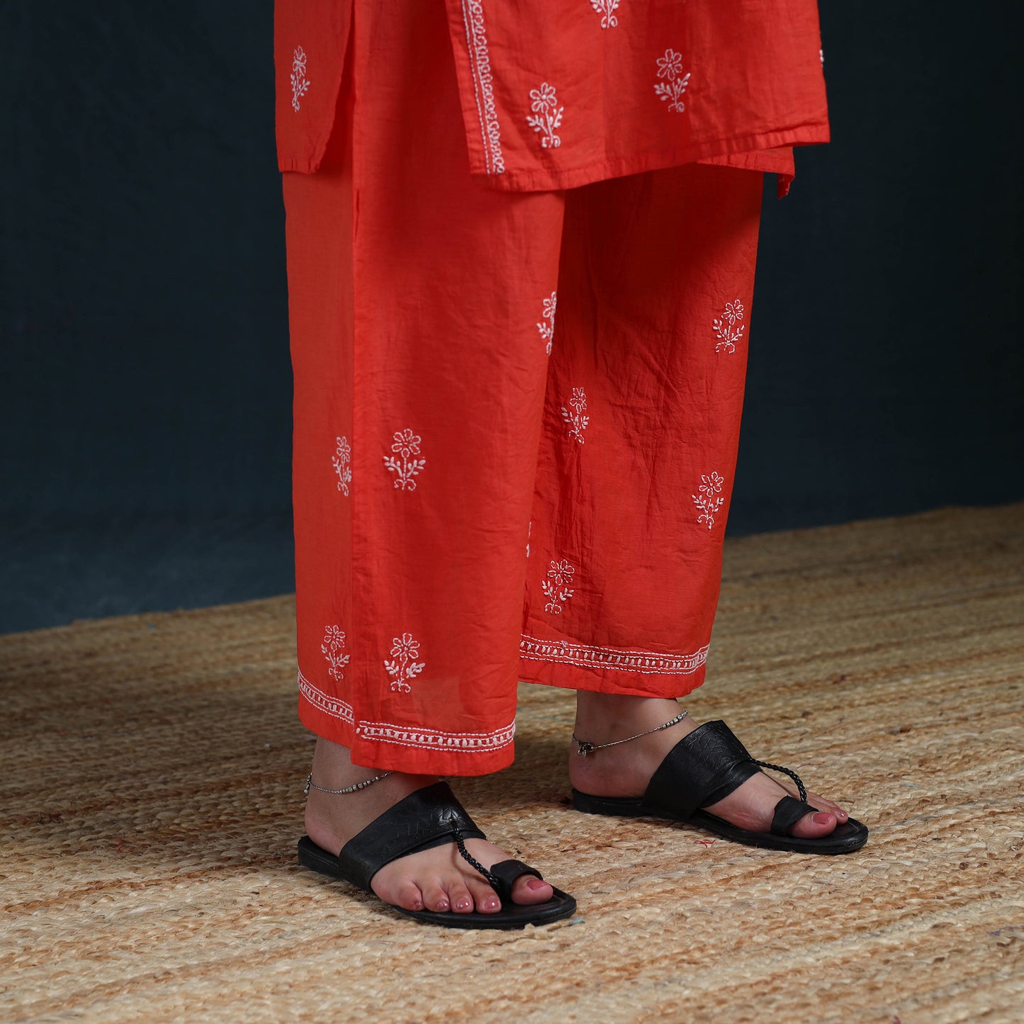 Red - Hand Embroidered Mul Chanderi Chikankari Kurta with Palazzo Set for Women 20