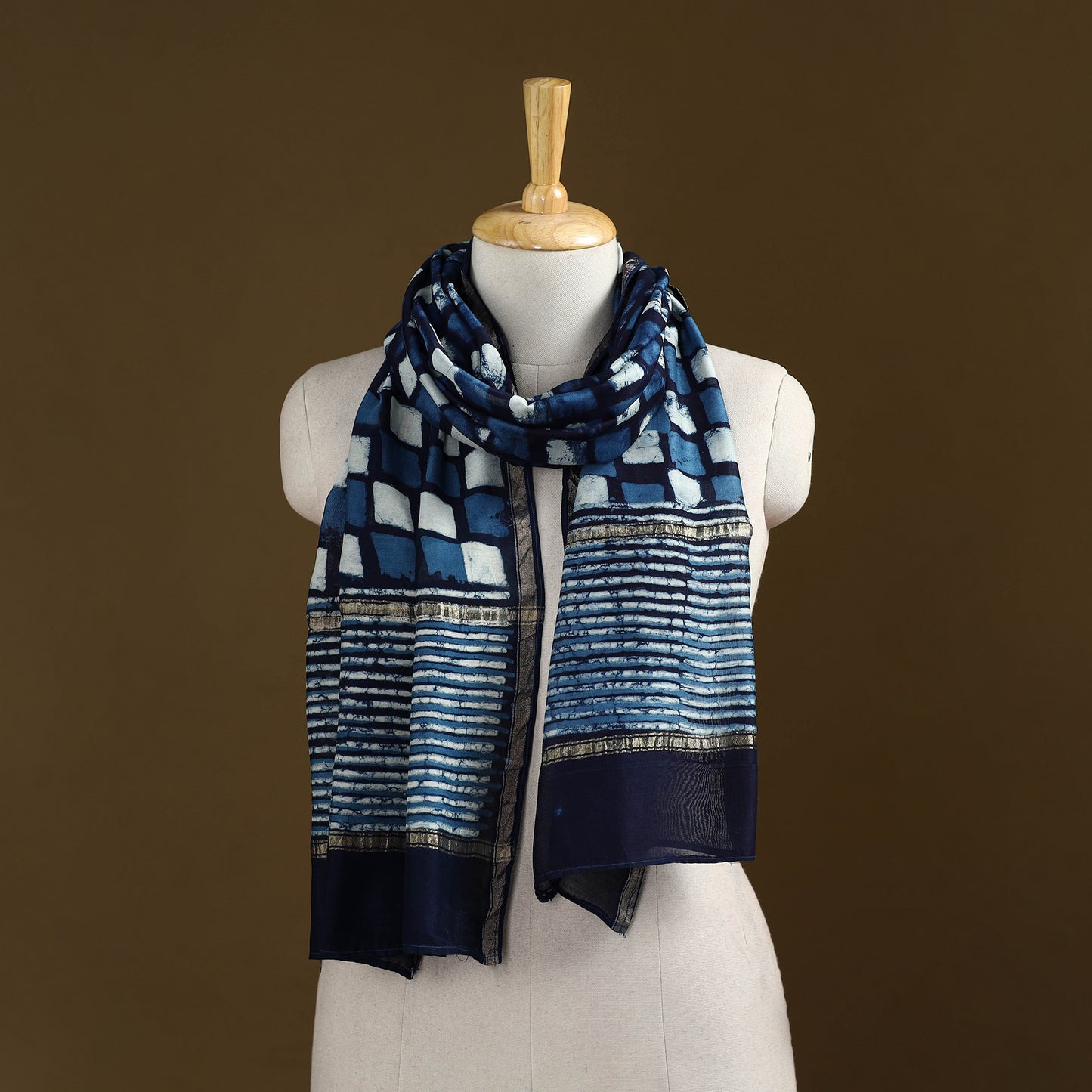 Blue - Pipad Hand Block Print Natural Dyed Chanderi Silk Handloom Stole 24
