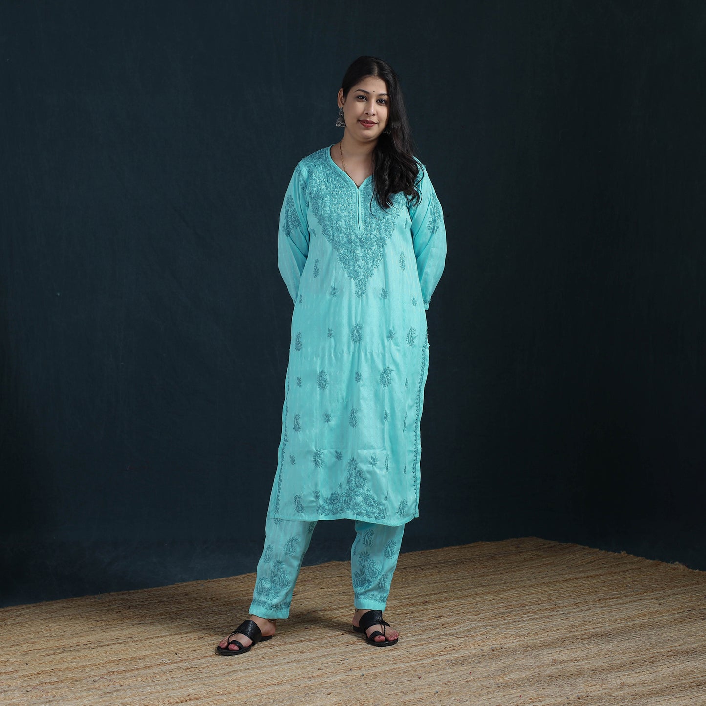 Blue - Hand Embroidered Rayon Cotton Chikankari Kurta with Pant Set for Women 38