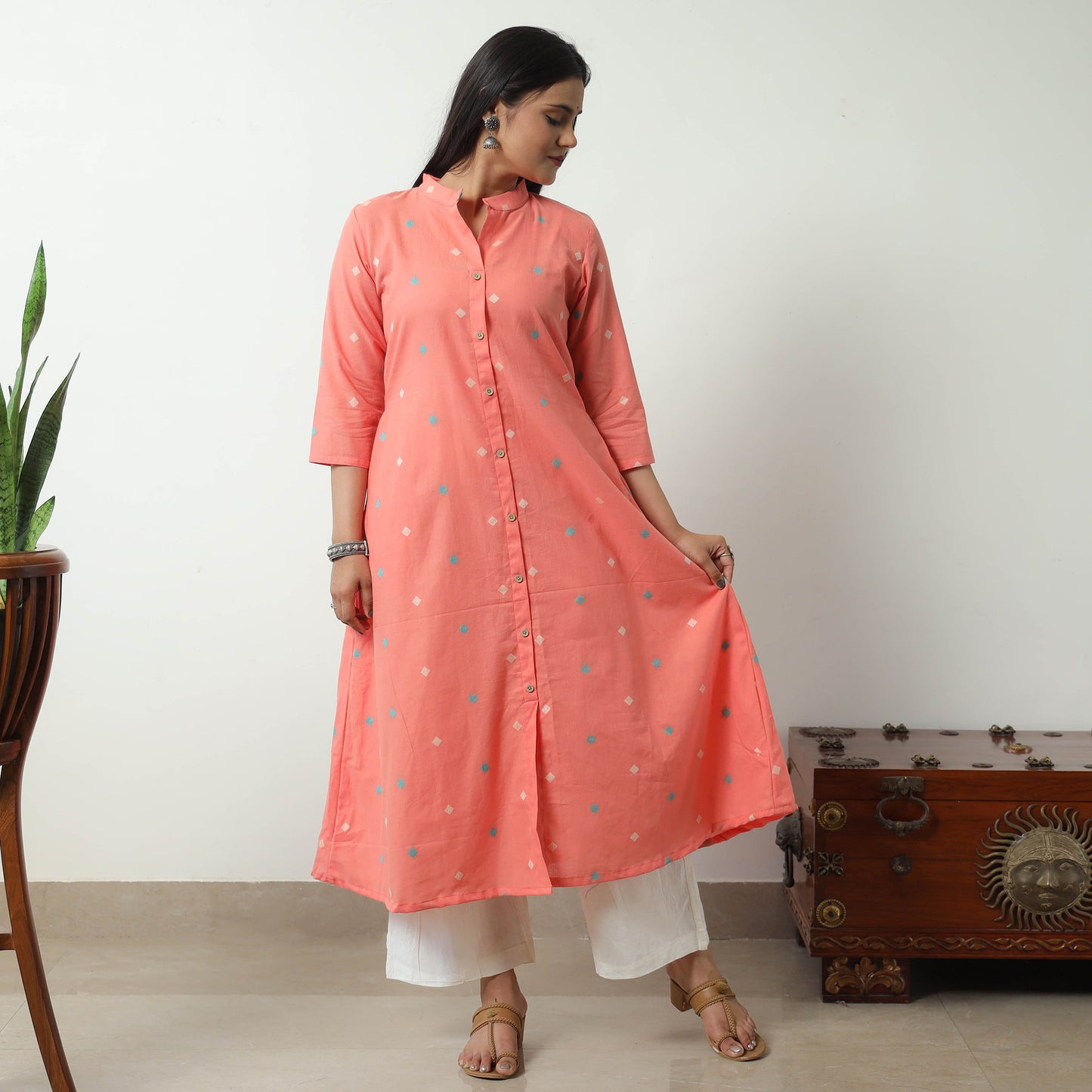 Peach - Jacquard Cotton A-Line Kurta 15