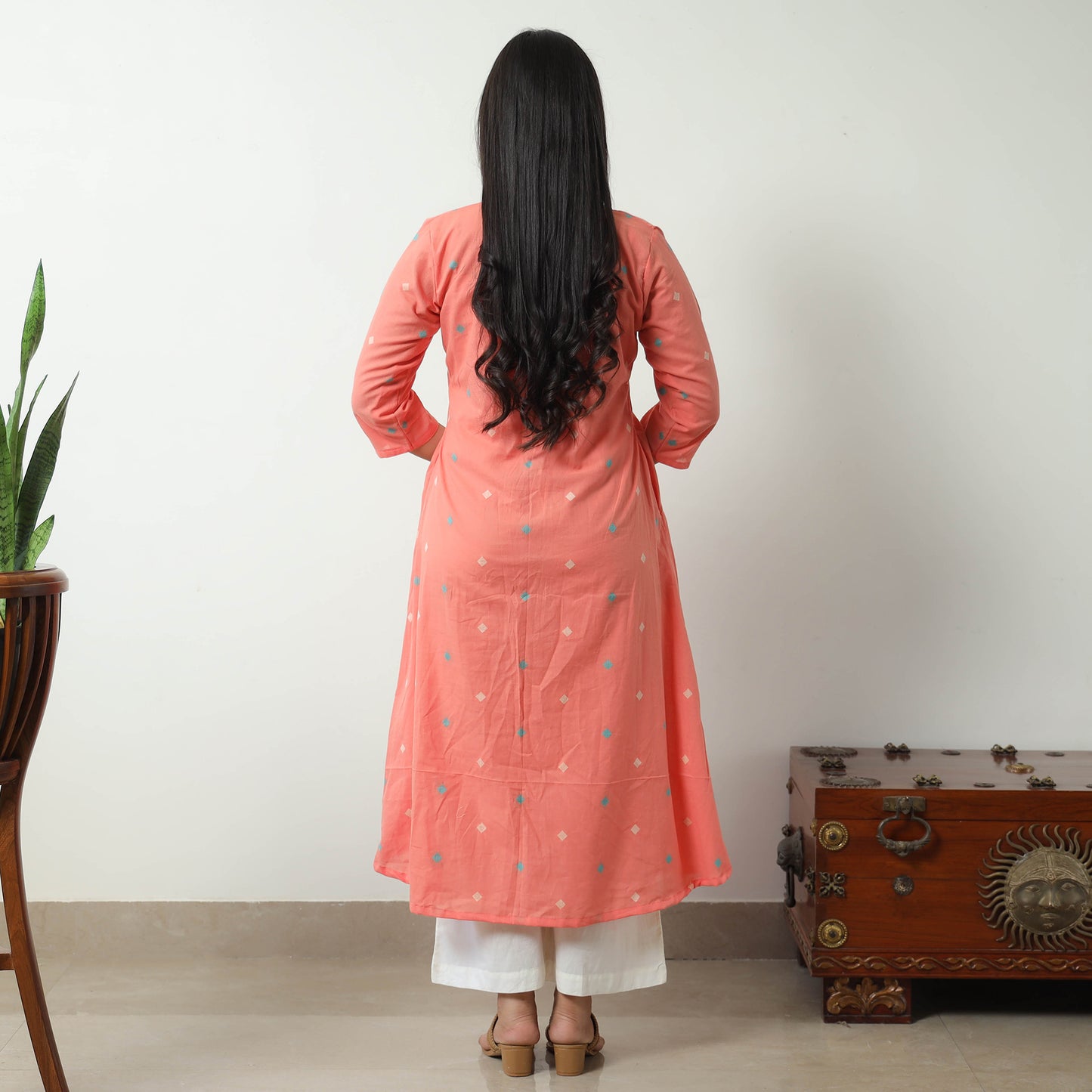 Peach - Jacquard Cotton A-Line Kurta 15