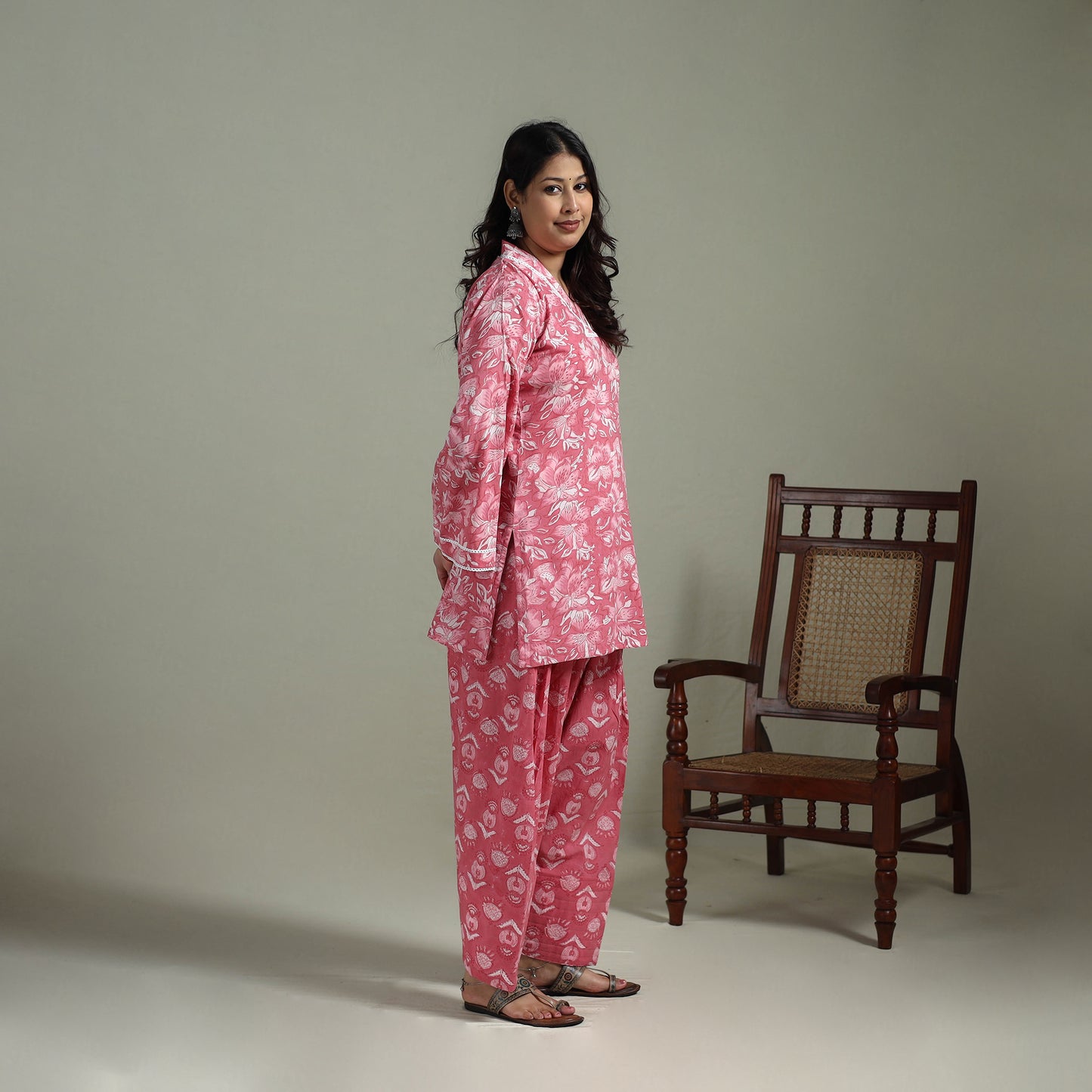 Sanganeri Hand Block Print Cotton Lace Work Short Kurta with Farshi Salwar Set for women 01