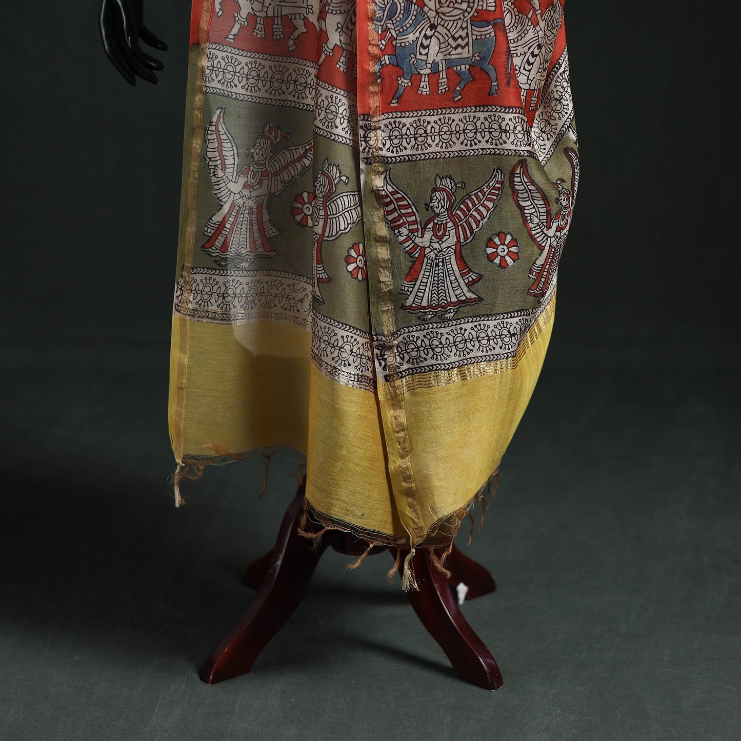 Yellow - Mata Ni Pachedi Handpainted Natural Dyed Chanderi Silk Handloom Dupatta 01
