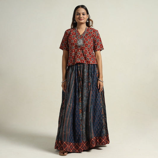 Blue - Ajrakh Block Printed 24 Kali Patchwork Cotton Long Skirt 27