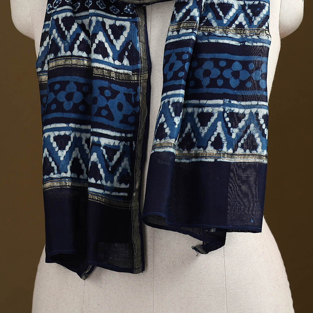 Blue - Pipad Hand Block Print Natural Dyed Chanderi Silk Handloom Stole 26