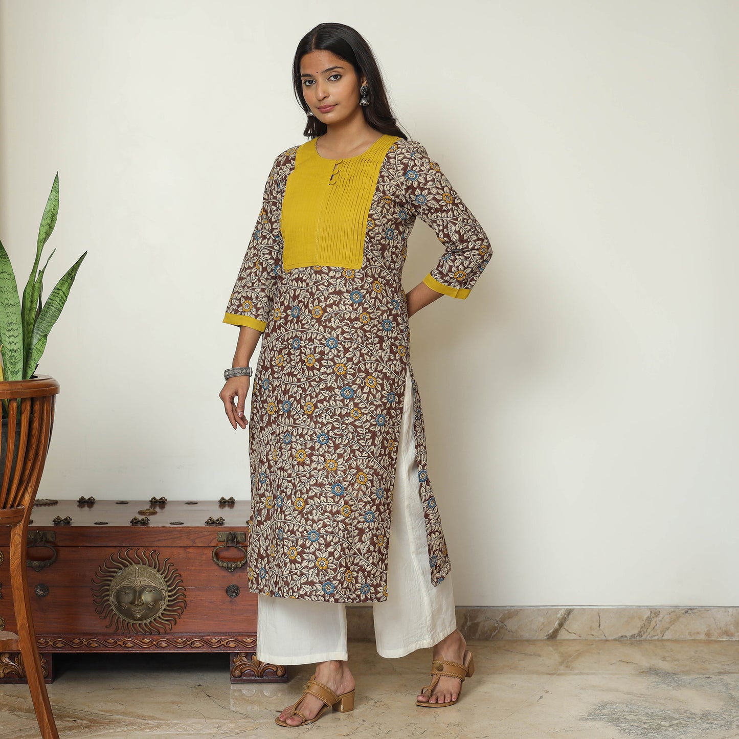 Kalamkari Print Cotton Pintuck Long Straight Kurta For Women
