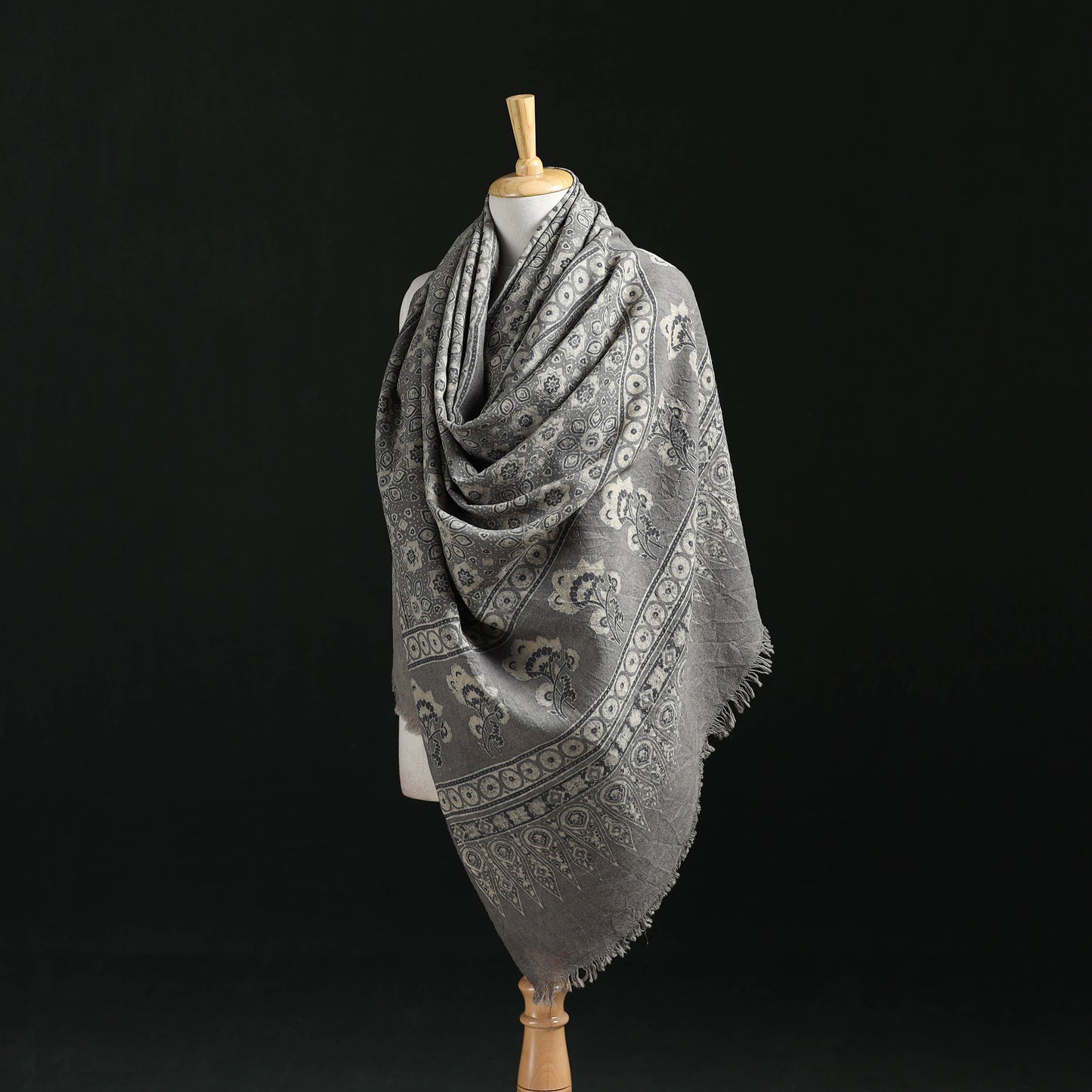 Ajrakh Hand Block Print Natural Dyed Handwoven Acrylic Wool Shawl 07