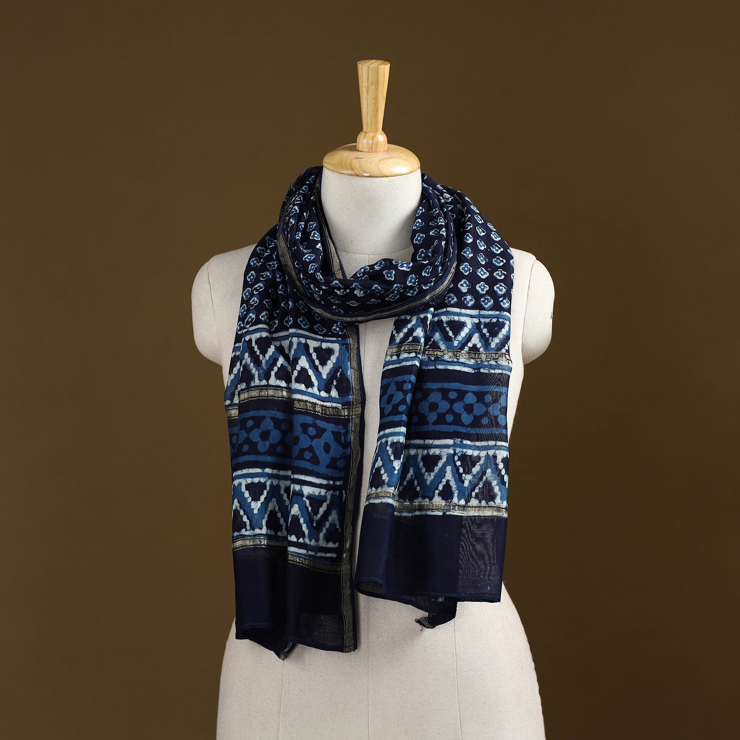 Blue - Pipad Hand Block Print Natural Dyed Chanderi Silk Handloom Stole 26