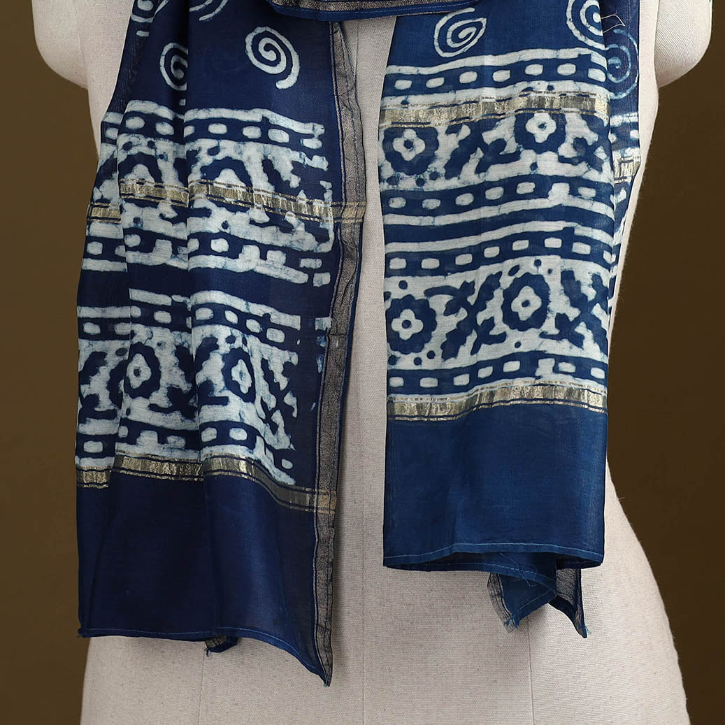 Blue - Pipad Hand Block Print Natural Dyed Chanderi Silk Handloom Stole 27