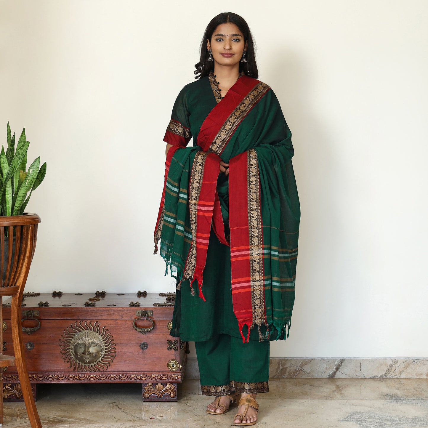 Green - Dharwad Cotton Kurta with Palazzo & Dupatta Set 14