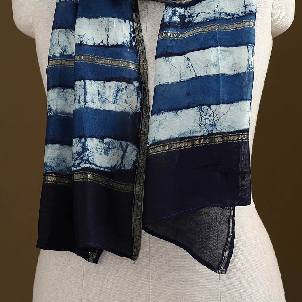 Blue - Pipad Hand Block Print Natural Dyed Chanderi Silk Handloom Stole 28