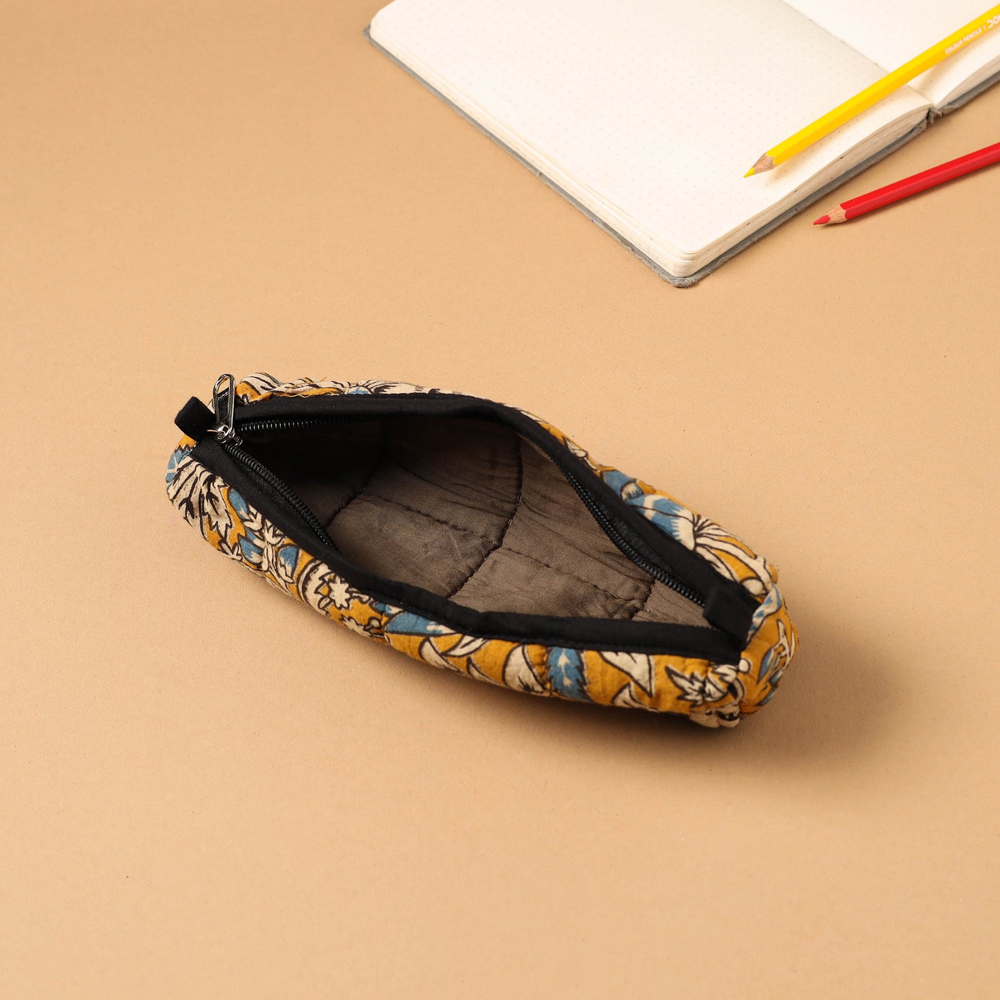 Yellow Handcrafted Quilted Cotton Pencil Pouch