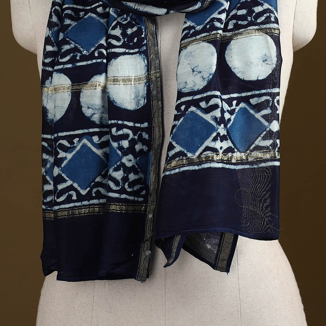 Blue - Pipad Hand Block Print Natural Dyed Chanderi Silk Handloom Stole 29