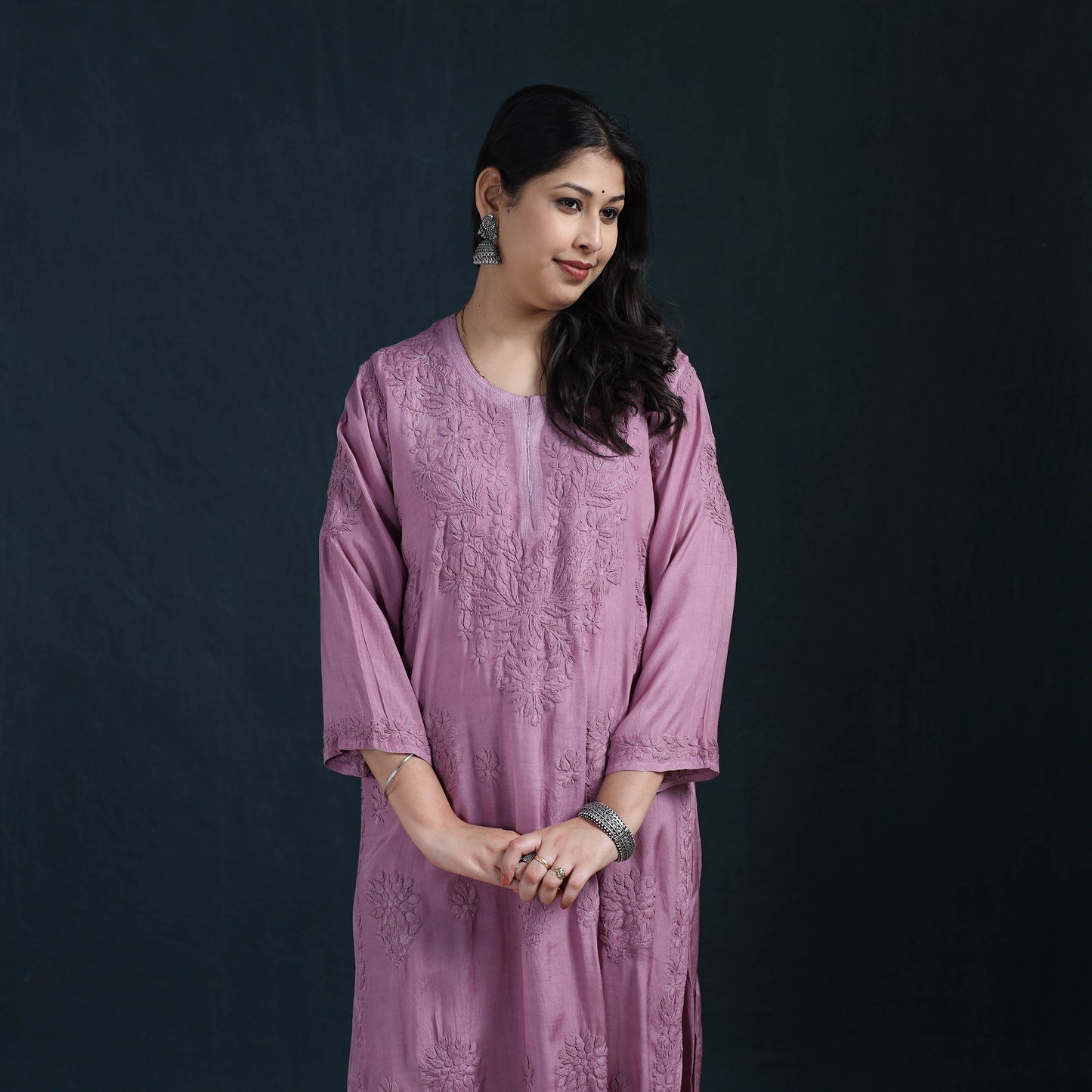 Purple - Hand Embroidered Muslin Chikankari Kurta with Pant Set for Women 25