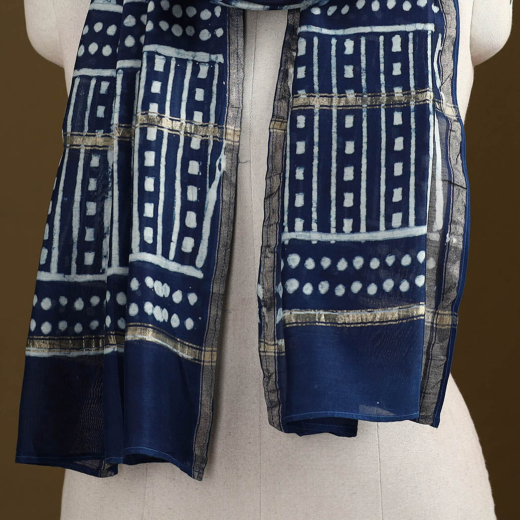 Blue - Pipad Hand Block Print Natural Dyed Chanderi Silk Handloom Stole 30