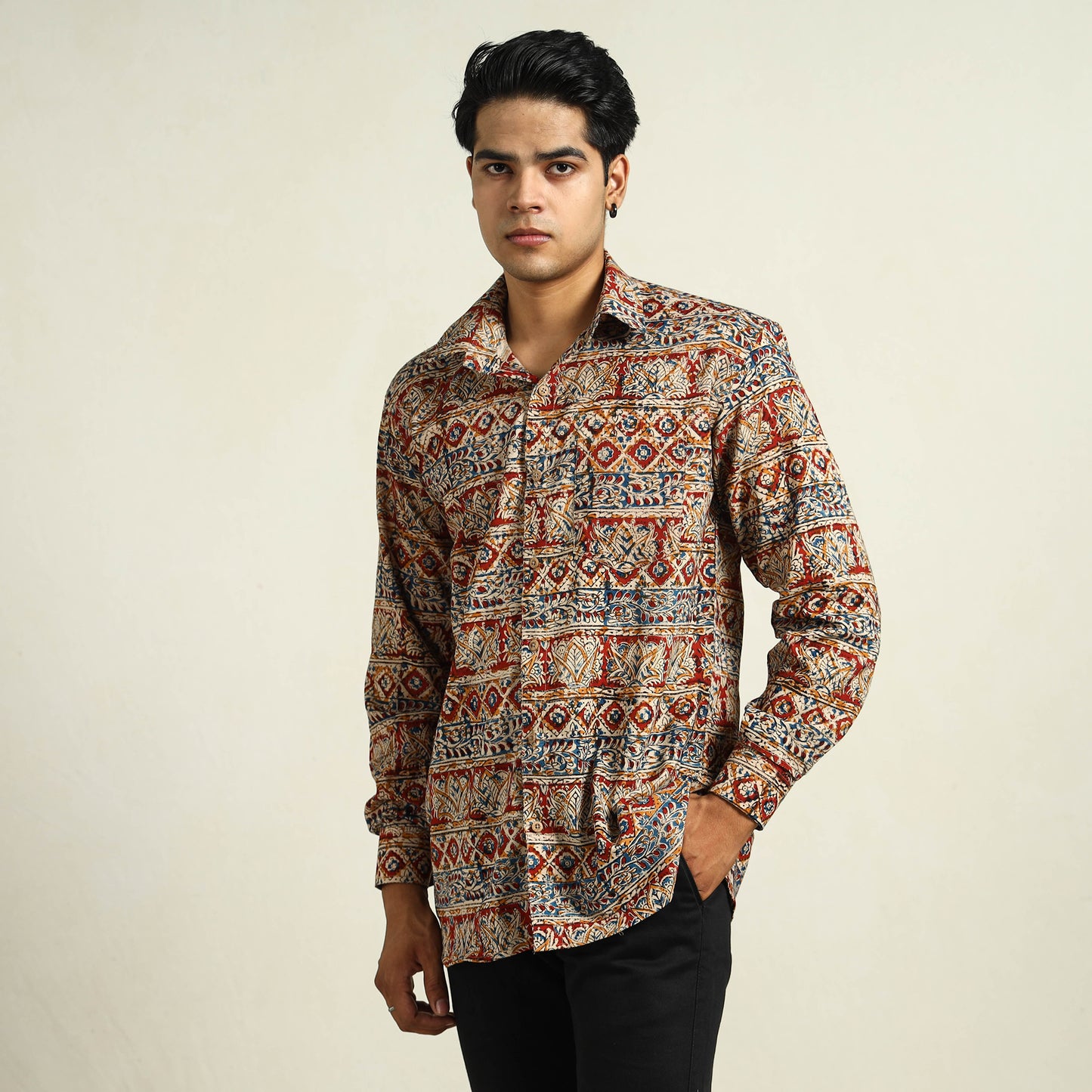 Multicolor - Kalamkari Block Printed Cotton Men Full Sleeve Shirt 10
