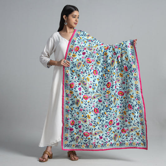 Blue - Ranihati Chanderi Silk Chapa Work Phulkari Embroidered Dupatta 15
