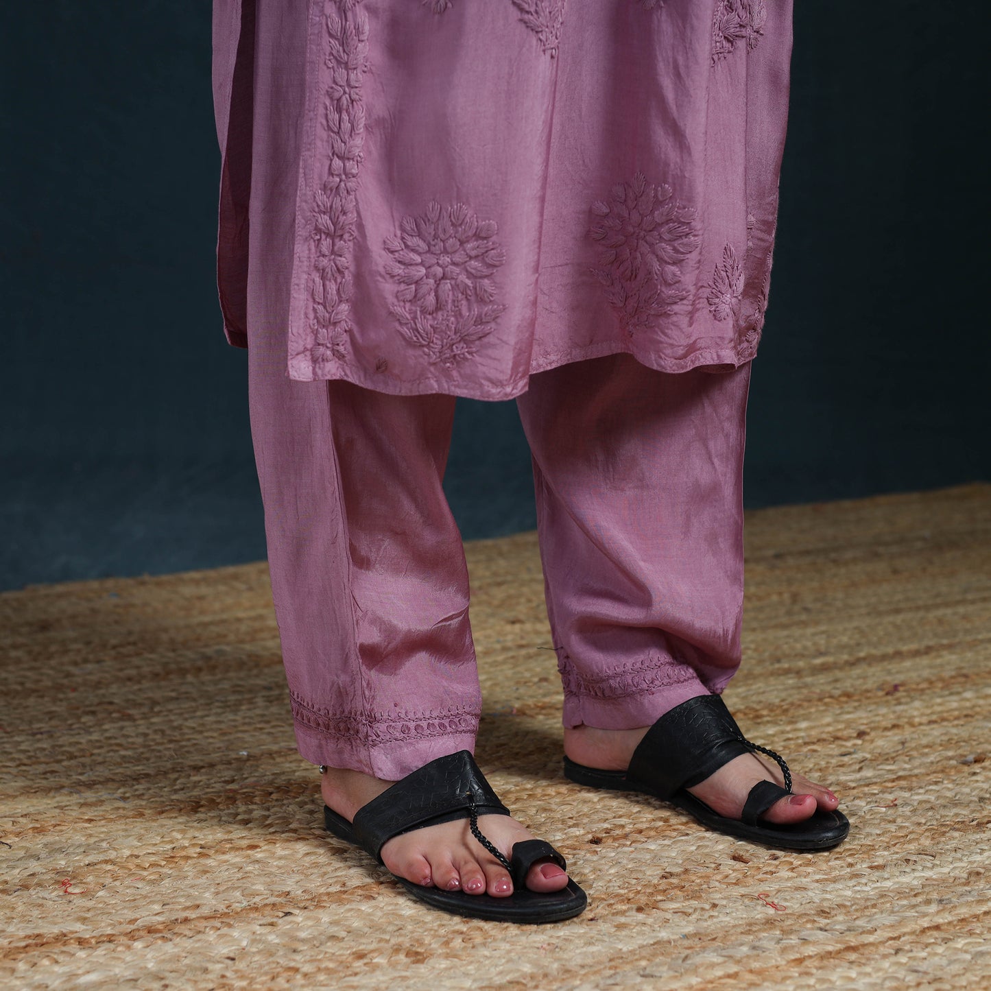 Purple - Hand Embroidered Muslin Chikankari Kurta with Pant Set for Women 25
