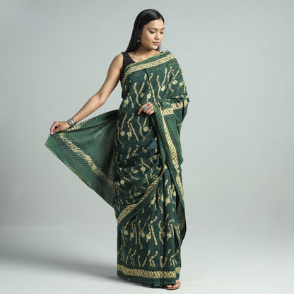 Green - Bindaas Art Block Printed Natural Dyed Cotton Saree 30