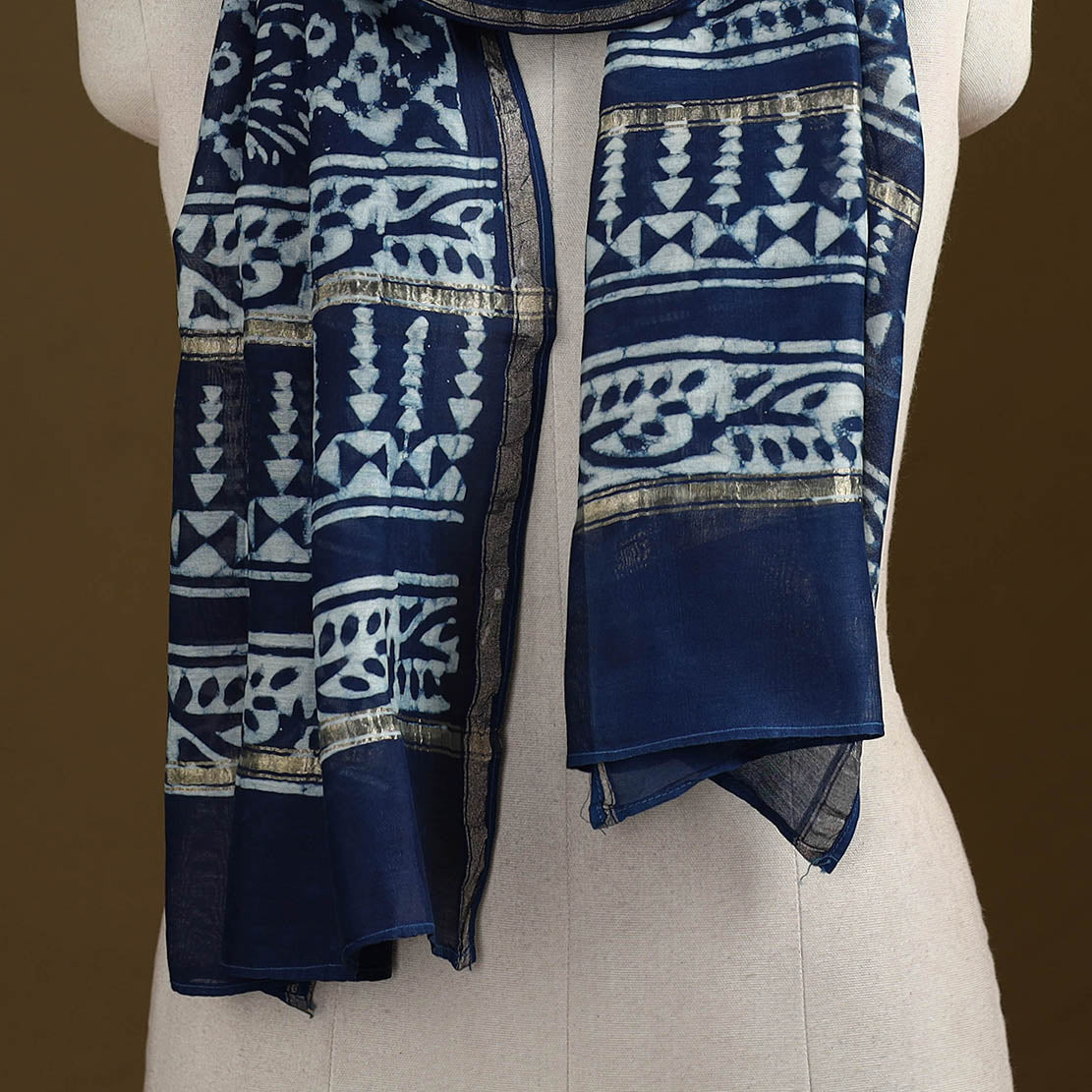 Blue - Pipad Hand Block Print Natural Dyed Chanderi Silk Handloom Stole 31