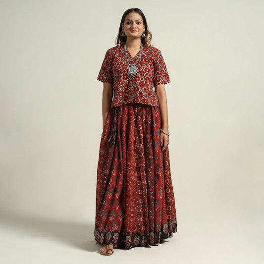 Red - Ajrakh Block Printed 24 Kali Patchwork Cotton Long Skirt 26