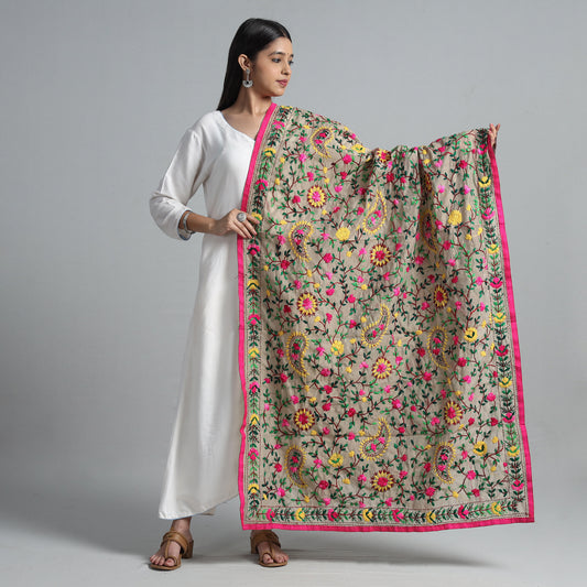Beige - Ranihati Chanderi Silk Chapa Work Phulkari Embroidered Dupatta 16