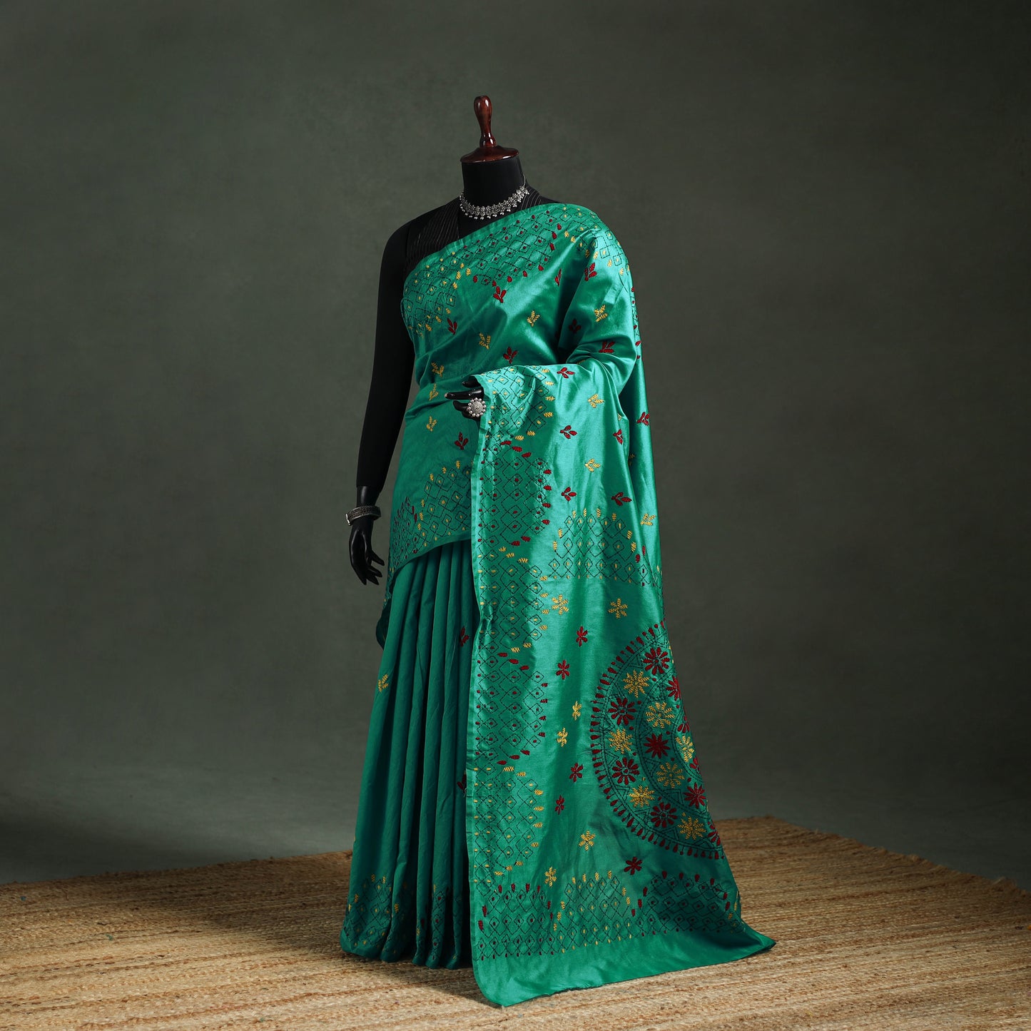 Green - Bengal Nakshi Kantha Hand Embroidered Silk Saree 55