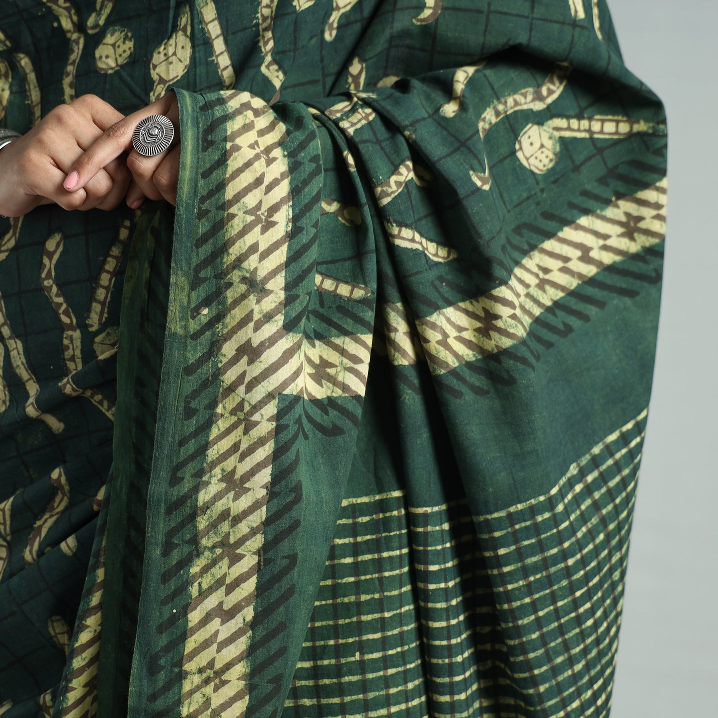 Green - Bindaas Art Block Printed Natural Dyed Cotton Saree 30