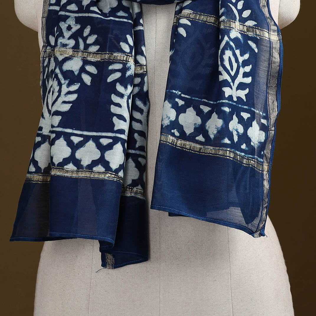 Blue - Pipad Hand Block Print Natural Dyed Chanderi Silk Handloom Stole 32