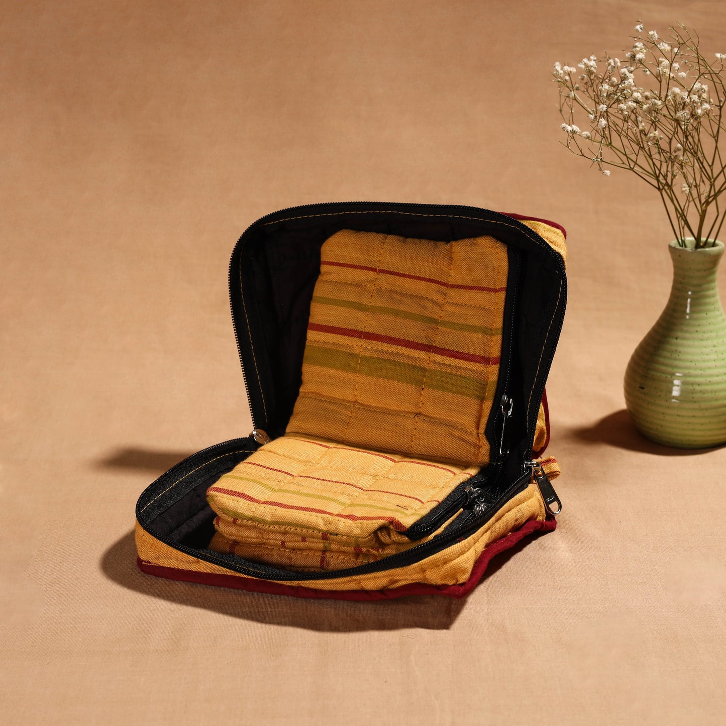 Yellow Handmade 4 Pockets Cotton Jewellery Bag