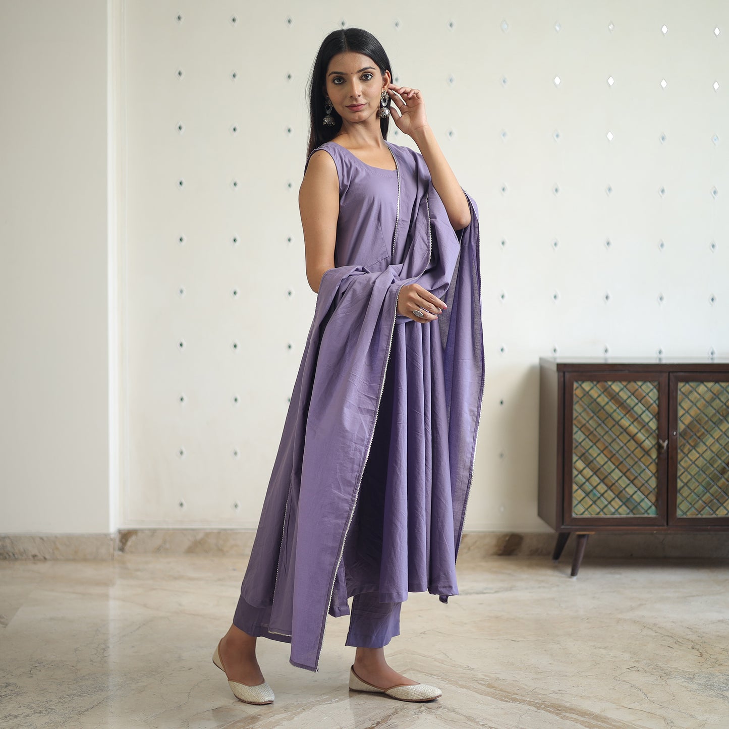 Buy Shuchi Light Purple Cotton Flared Kurta with Palazzo & Dupatta Set Online at iTokri.com