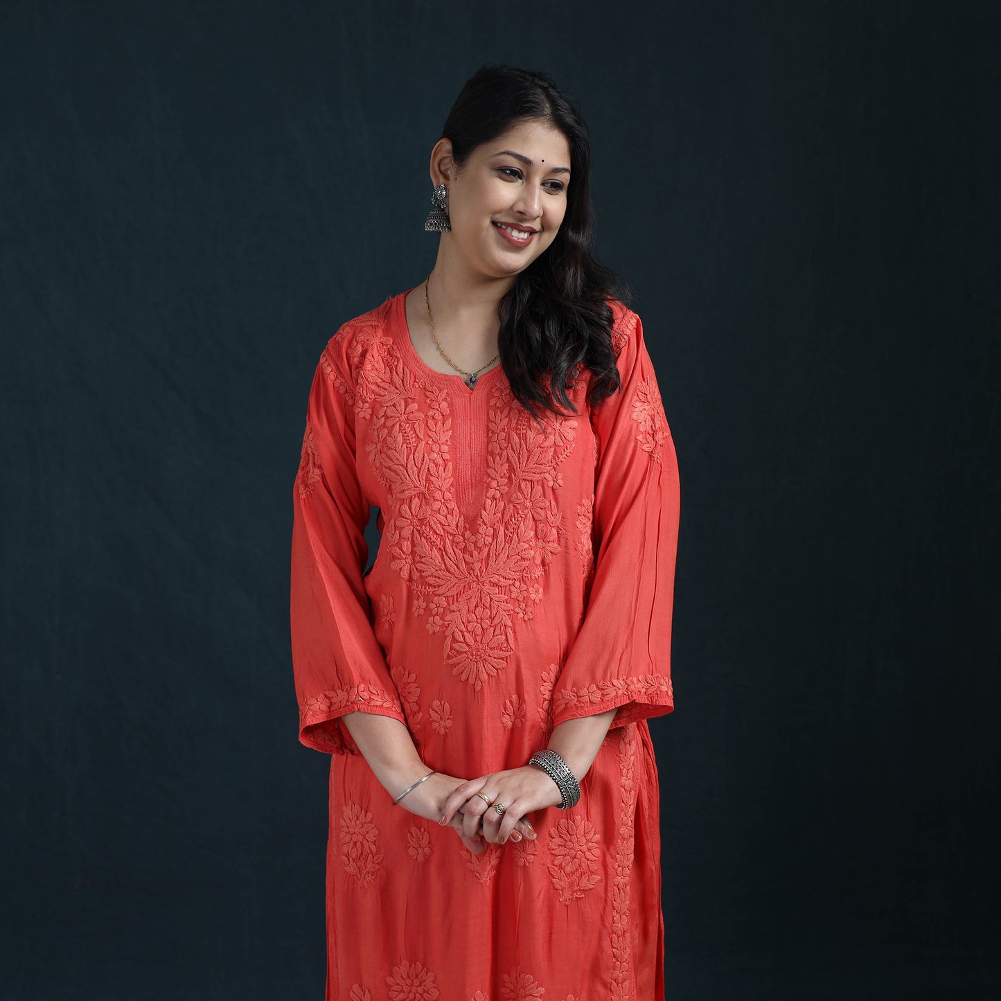 Red - Hand Embroidered Muslin Chikankari Kurta with Pant Set for Women 24