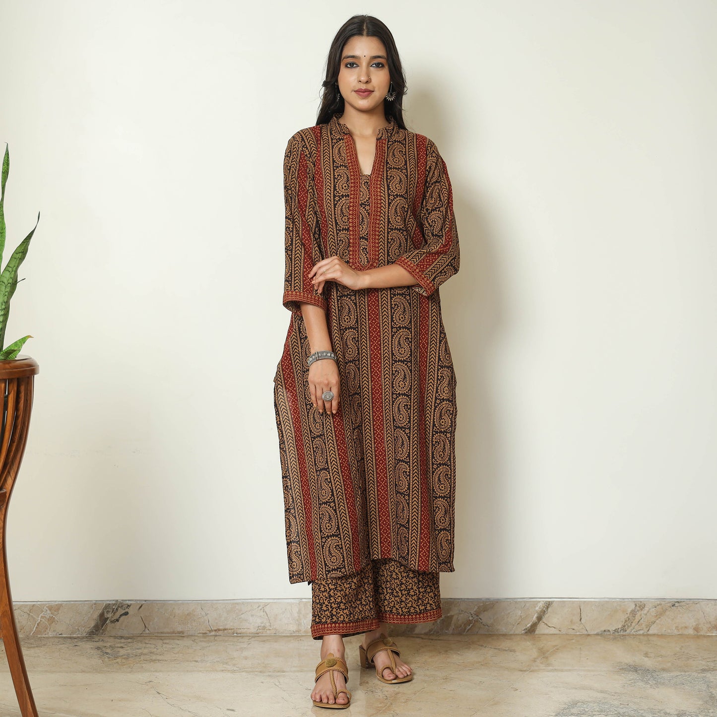 Brown - Bagh Block Printed Cotton Kurta with Palazzo & Dupatta Set 07