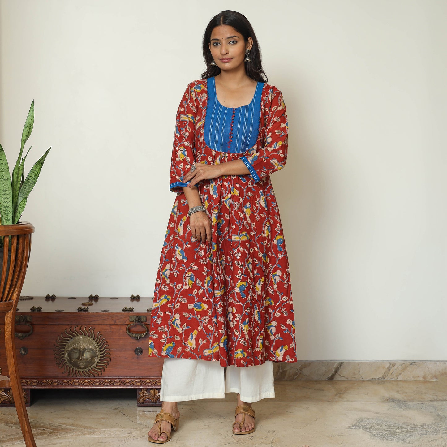 Red - Kalamkari Printed Cotton A-Line Long Kurta with Patchwork 70