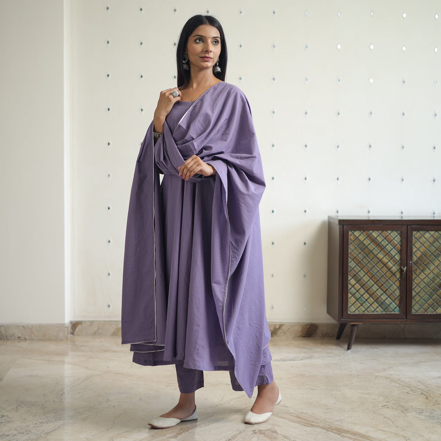 Buy Shuchi Light Purple Cotton Flared Kurta with Palazzo & Dupatta Set Online at iTokri.com