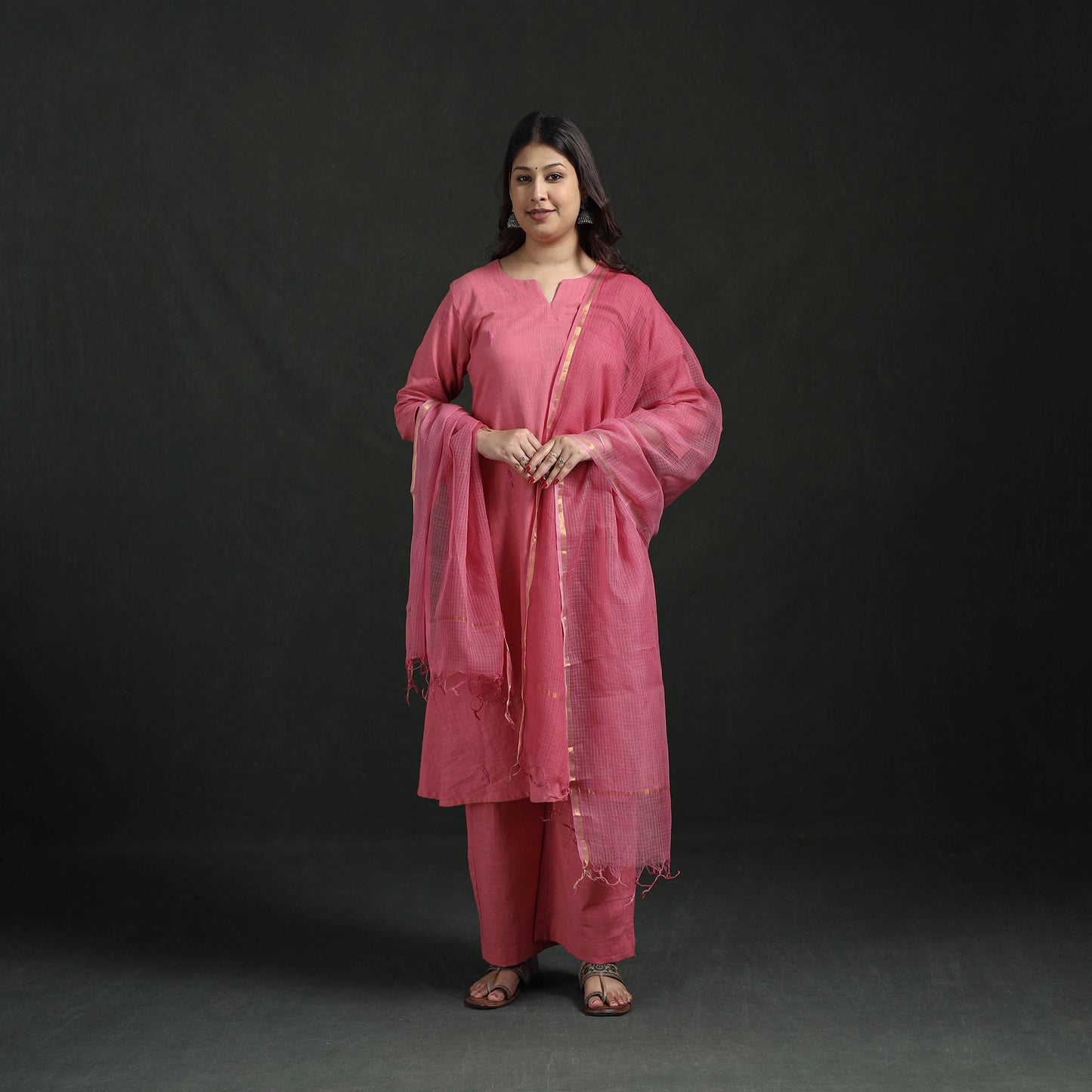 Plain Slub Cotton Hand Embroidered Suit Set with Dupatta for women 03