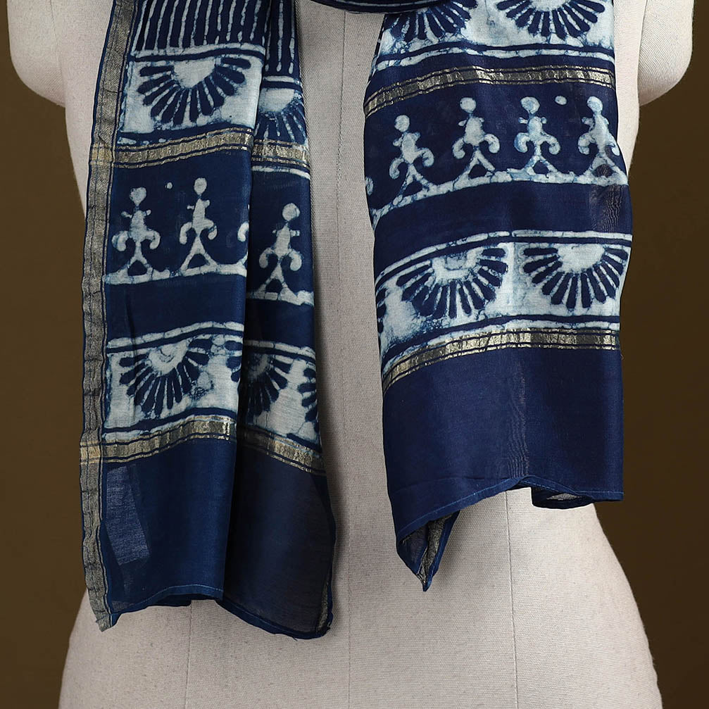 Blue - Pipad Hand Block Print Natural Dyed Chanderi Silk Handloom Stole 33