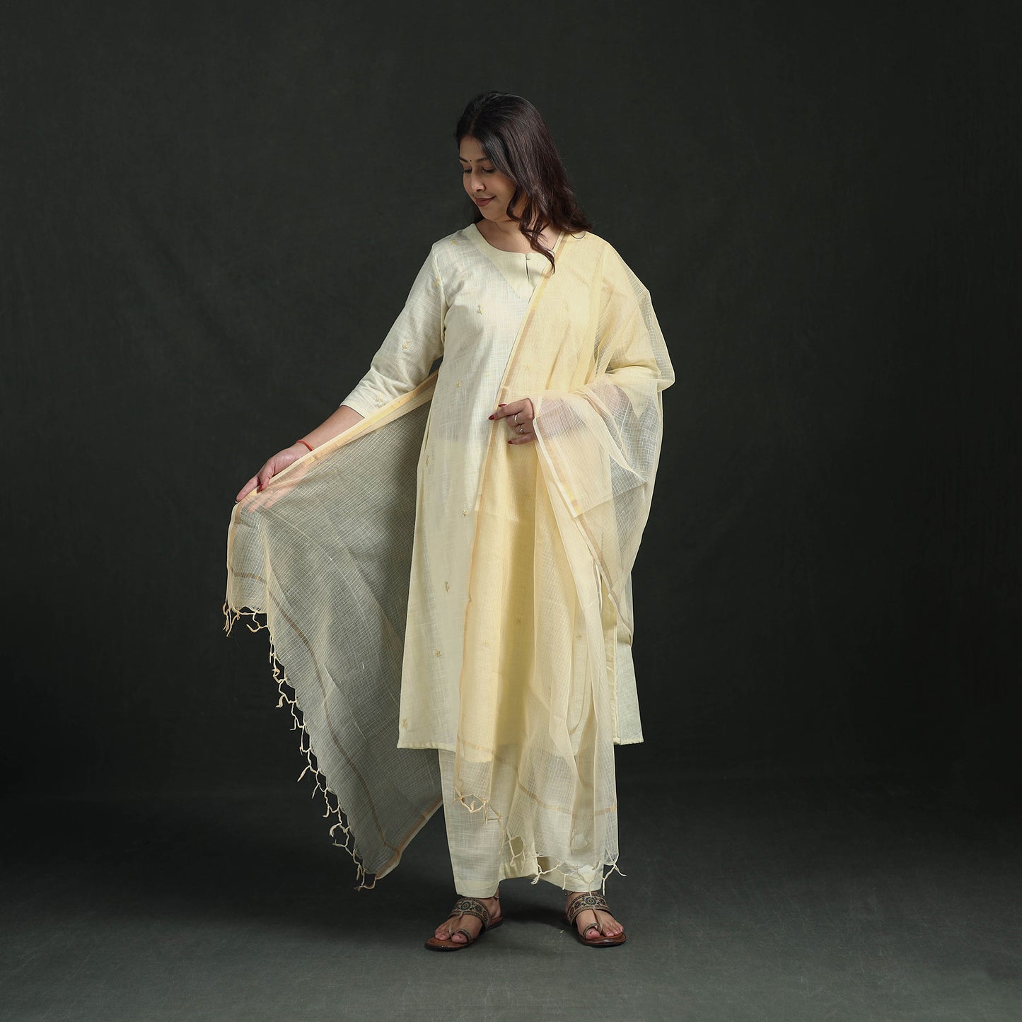Plain Slub Cotton Hand Embroidered Suit Set with Dupatta for women 12