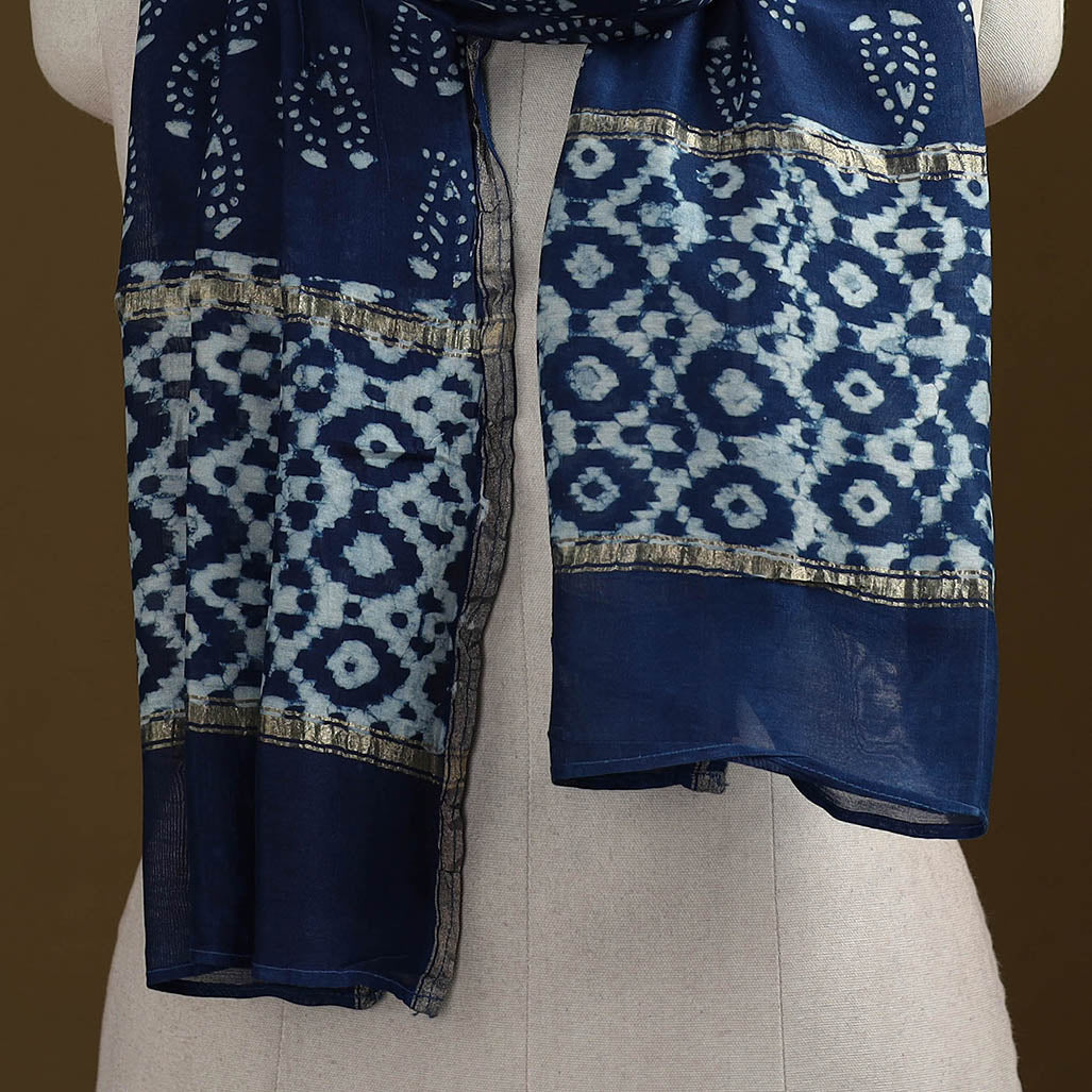 Blue - Pipad Hand Block Print Natural Dyed Chanderi Silk Handloom Stole 34