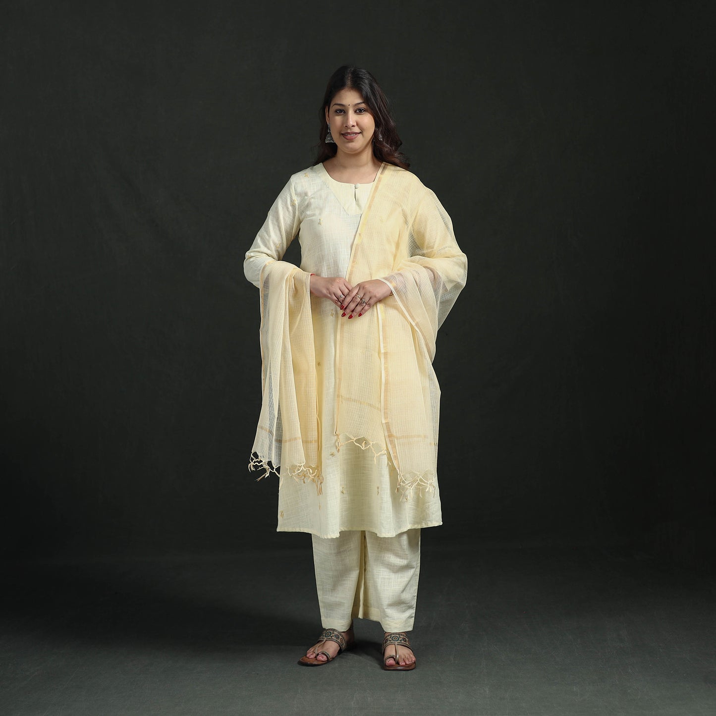 Plain Slub Cotton Hand Embroidered Suit Set with Dupatta for women 12