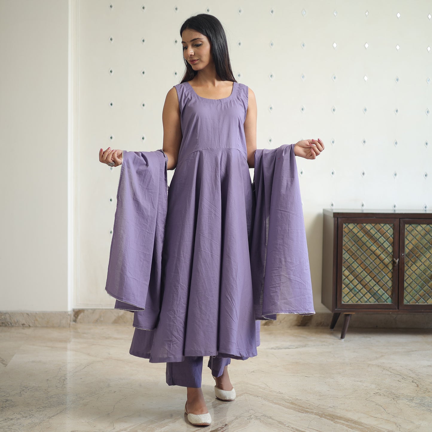 Buy Shuchi Light Purple Cotton Flared Kurta with Palazzo & Dupatta Set Online at iTokri.com