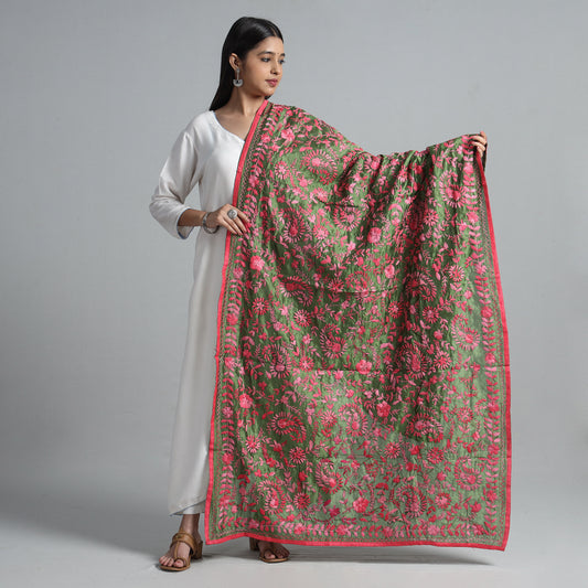 Green - Ranihati Chanderi Silk Chapa Work Phulkari Embroidered Dupatta 17